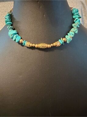 Turquoise Chip Necklace with Gold-Tone Accent Beads